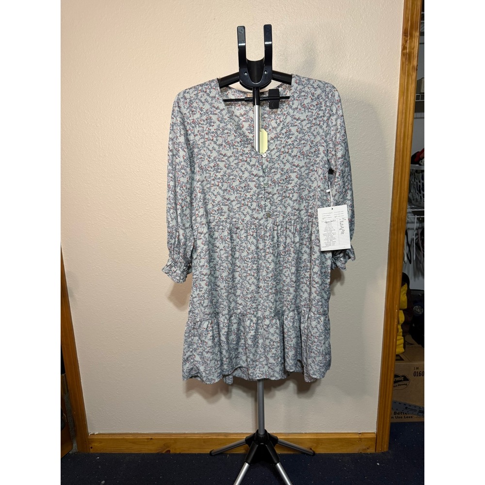 JODIFL Women Blue Floral Ditsy V-Neck Tiered Mini Dress Long Sleeve Size S NEW